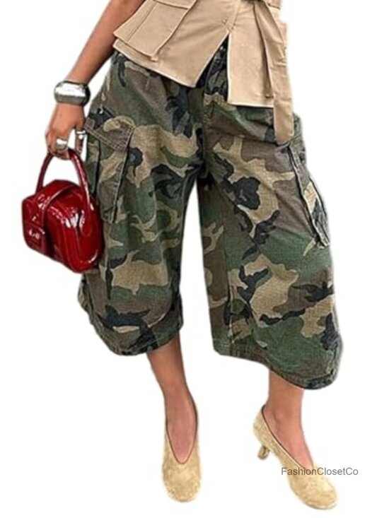 Pants - Women's High Waisted Wide Leg Camo Pants Baggy Y2K Army Fatigue Cropped Palazzo